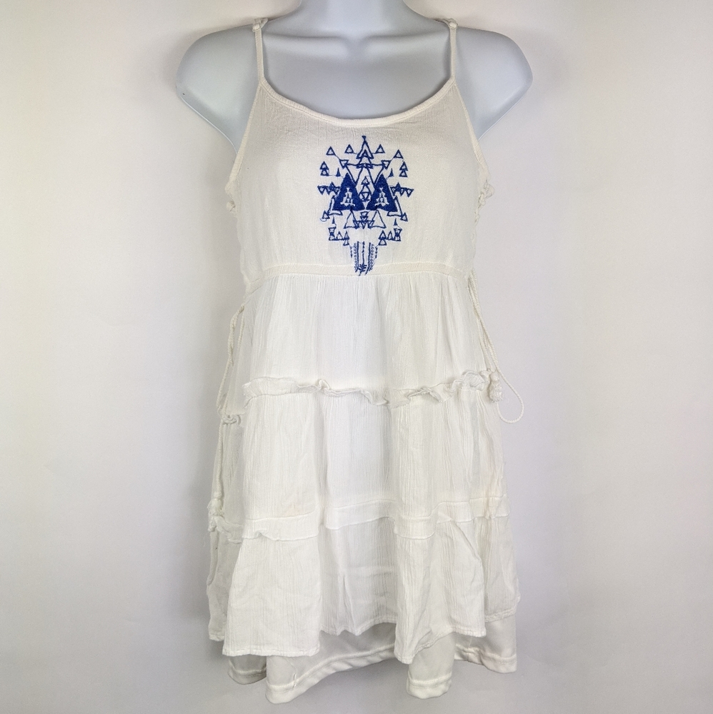 Moral Fiber White Ruffle Blue Embroidered Dress S
